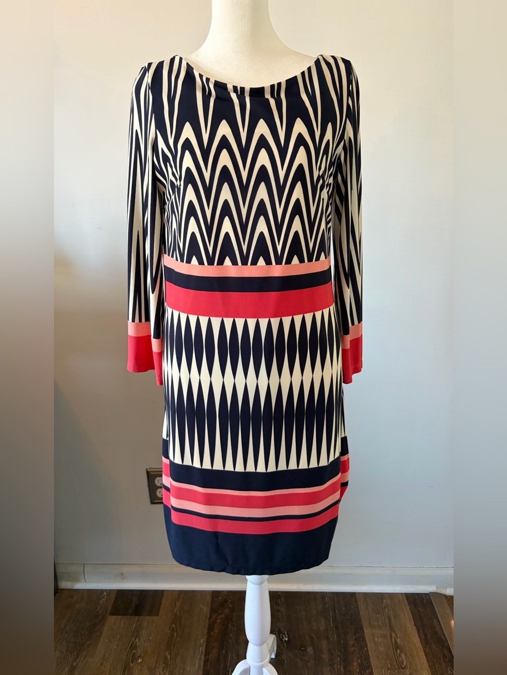 Dressbarn Geometric Dress Blue & Pink Size 10 Like New